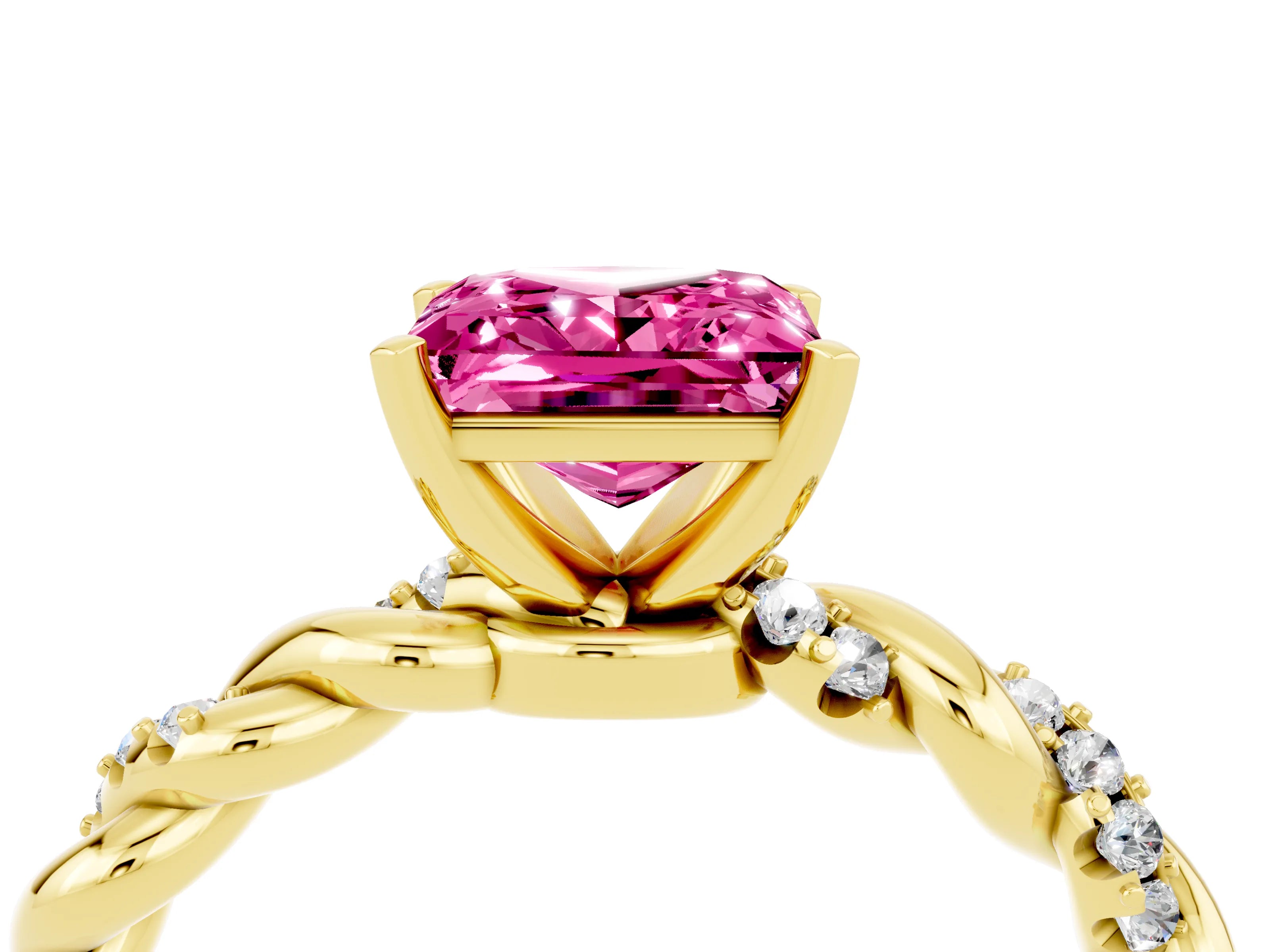 Yellow gold Princess Cut Pink Sapphire Solitaire Ring with Twisted Band and Pavé Accents_4