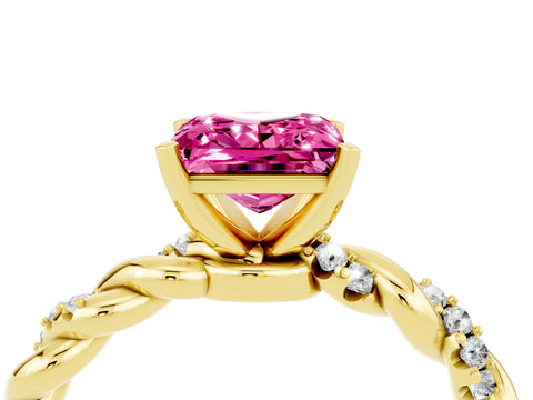 Yellow gold Princess Cut Pink Sapphire Solitaire Ring with Twisted Band and Pavé Accents_4