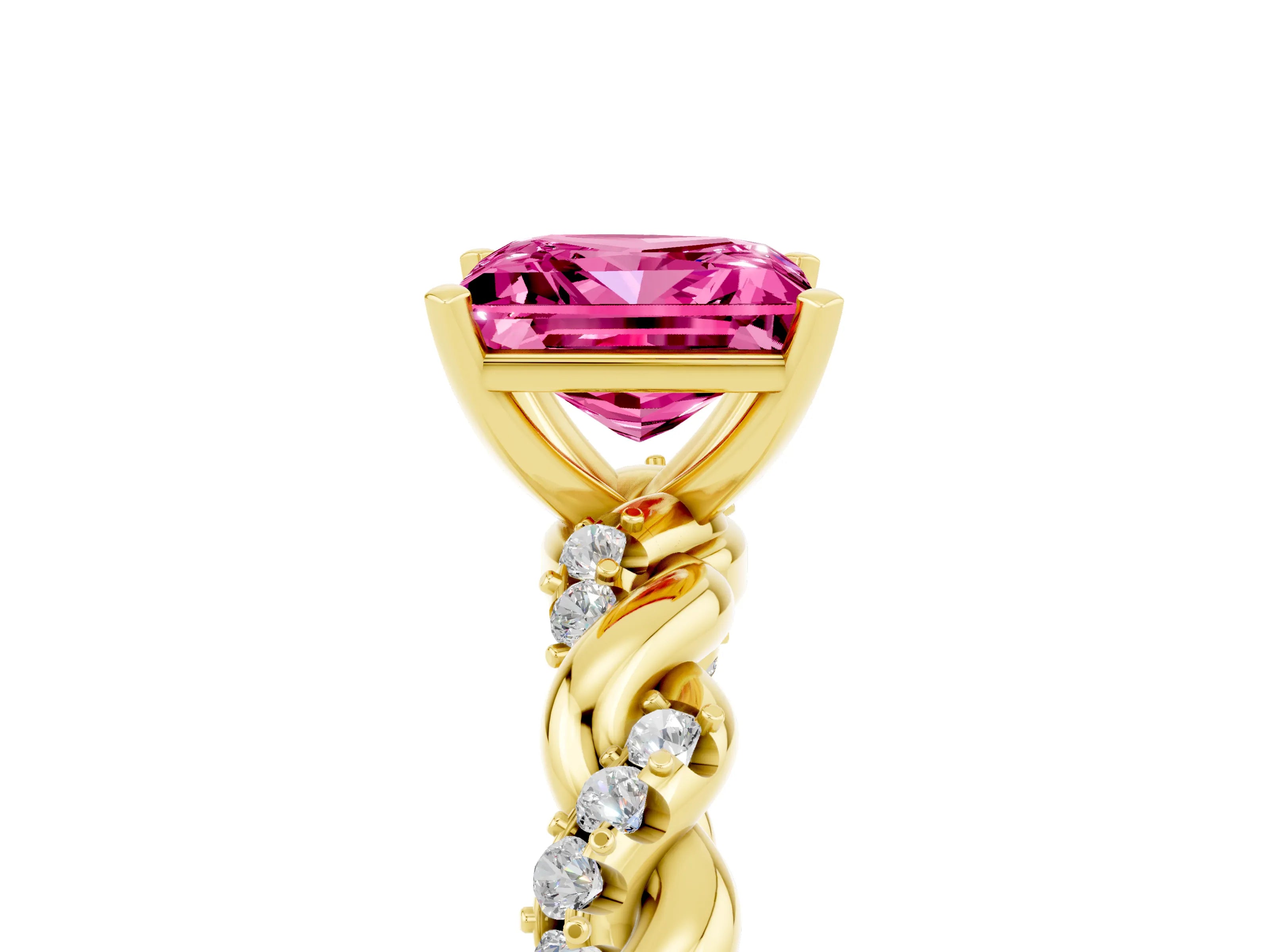 Yellow gold Princess Cut Pink Sapphire Solitaire Ring with Twisted Band and Pavé Accents_5