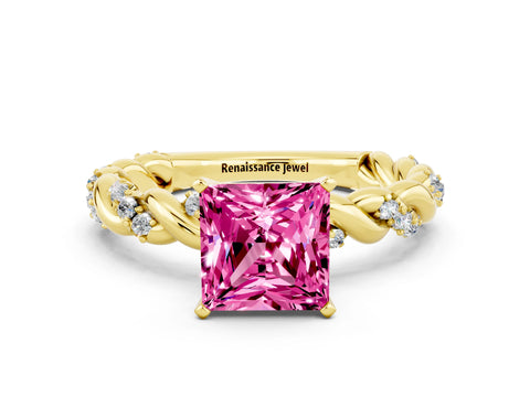 Yellow gold Princess Cut Pink Sapphire Solitaire Ring with Twisted Band and Pavé Accents