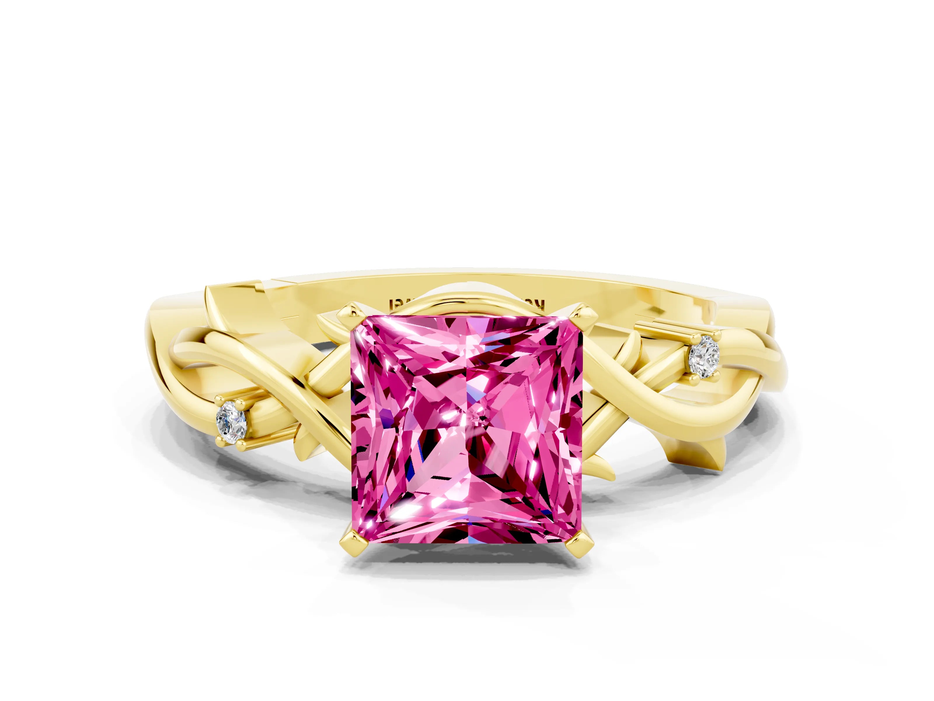 Yellow gold Princess Cut Pink Sapphire Solitaire Ring with Twisted Band and Prong Setting
