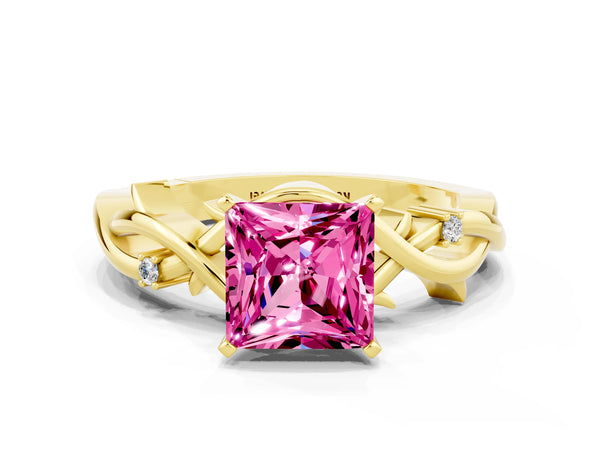 Yellow gold Princess Cut Pink Sapphire Solitaire Ring with Twisted Band and Prong Setting