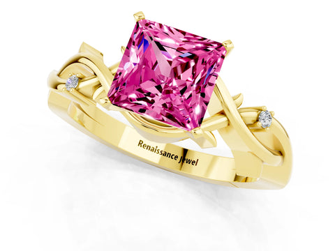 Yellow gold Princess Cut Pink Sapphire Solitaire Ring with Twisted Band and Prong Setting_1