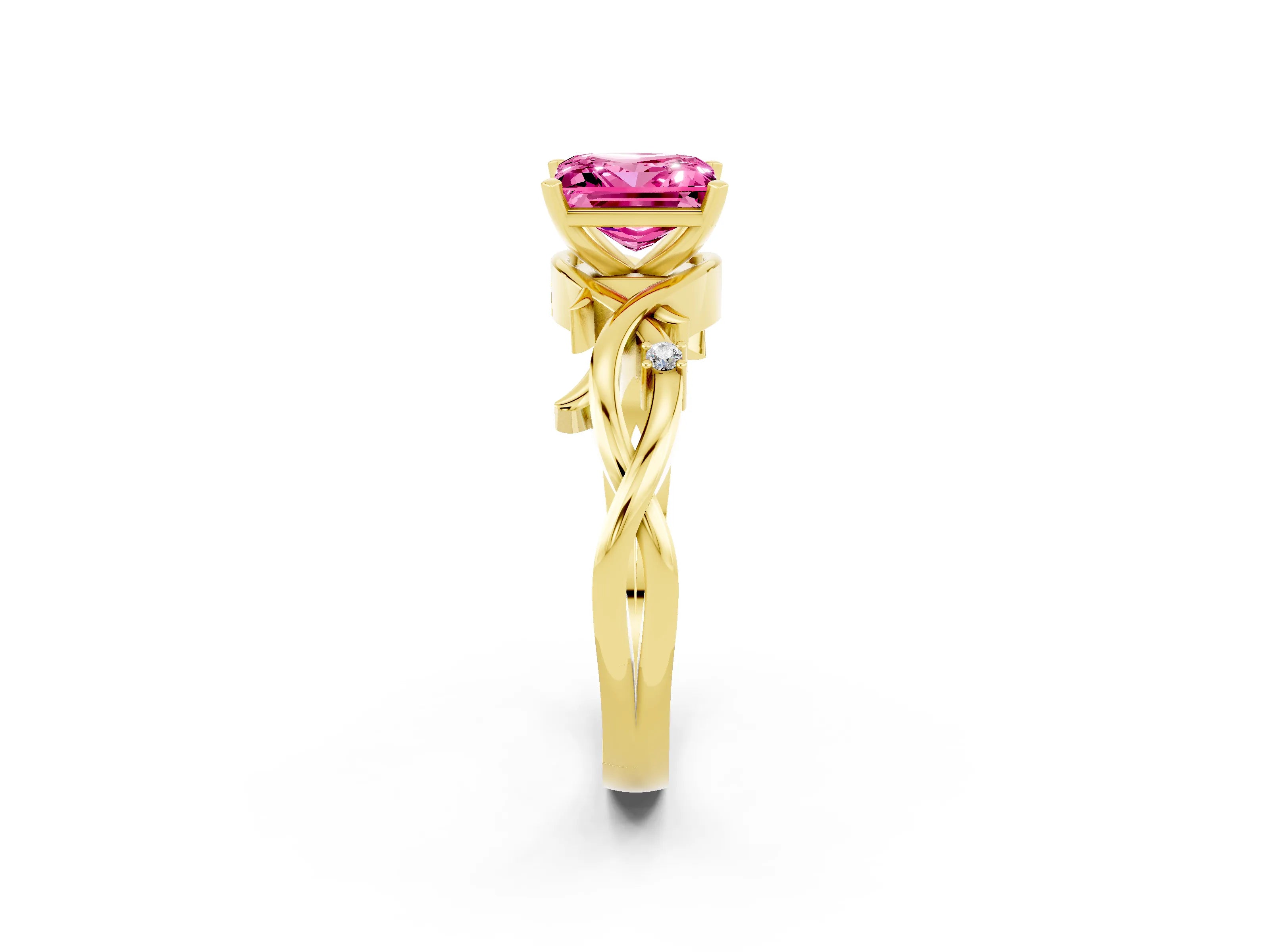 Yellow gold Princess Cut Pink Sapphire Solitaire Ring with Twisted Band and Prong Setting_2