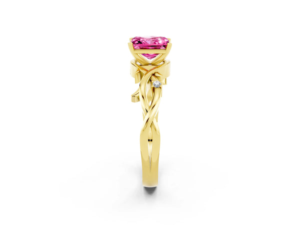 Yellow gold Princess Cut Pink Sapphire Solitaire Ring with Twisted Band and Prong Setting
