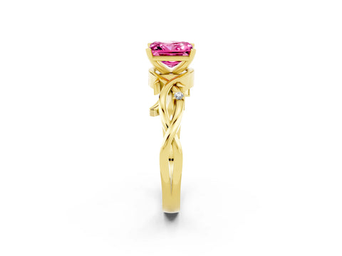 Yellow gold Princess Cut Pink Sapphire Solitaire Ring with Twisted Band and Prong Setting_2