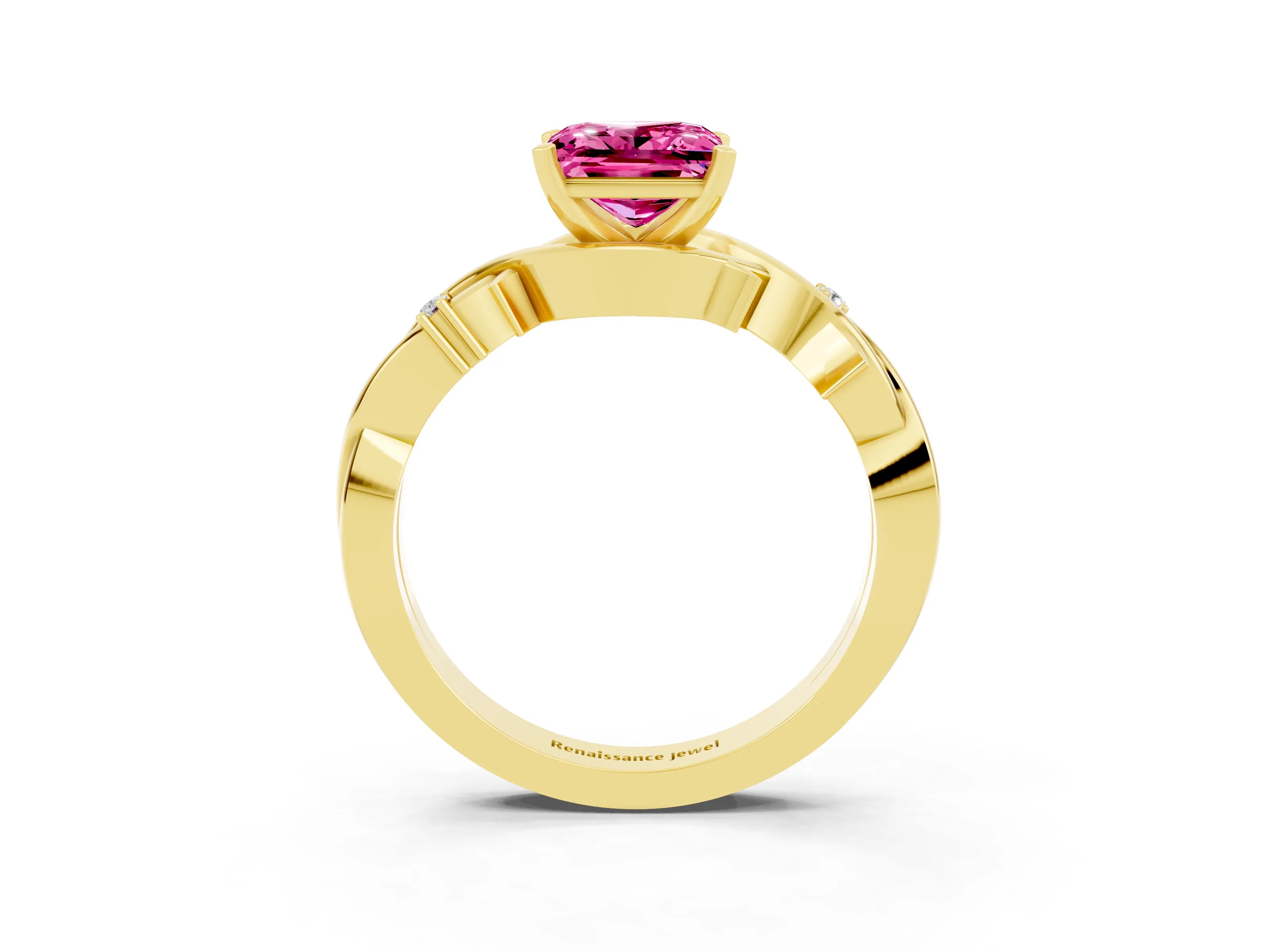 Yellow gold Princess Cut Pink Sapphire Solitaire Ring with Twisted Band and Prong Setting_3