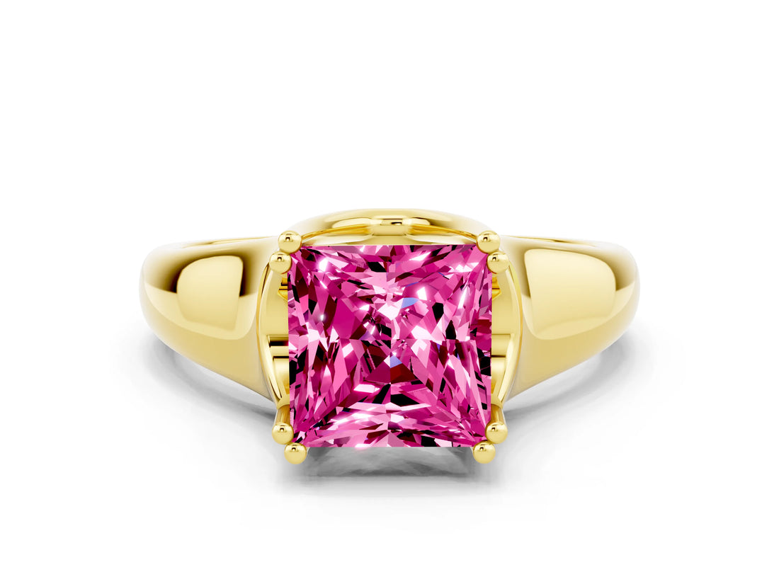 Yellow gold Princess Cut Pink Sapphire Solitaire Ring with Wide Band and Prong Setting_24