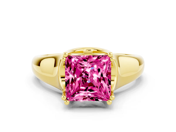 Yellow gold Princess Cut Pink Sapphire Solitaire Ring with Wide Band and Prong Setting
