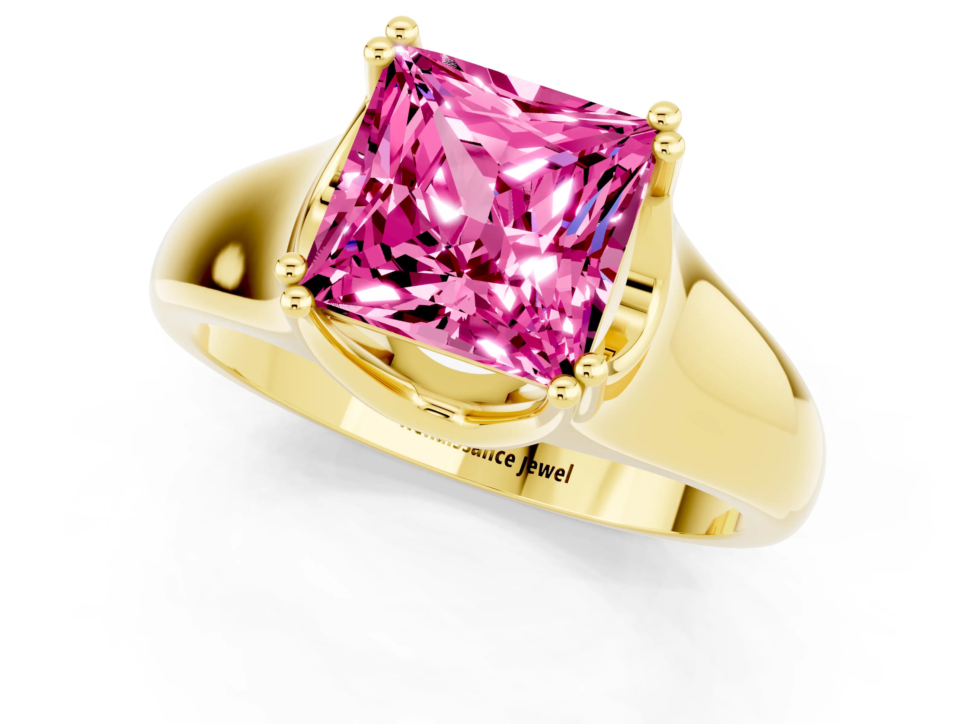 Yellow gold Princess Cut Pink Sapphire Solitaire Ring with Wide Band and Prong Setting_25