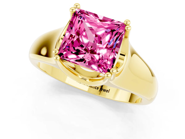 Yellow gold Princess Cut Pink Sapphire Solitaire Ring with Wide Band and Prong Setting