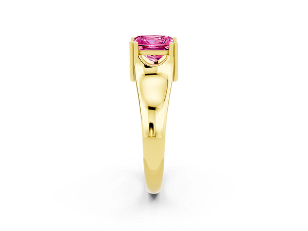 Yellow gold Princess Cut Pink Sapphire Solitaire Ring with Wide Band and Prong Setting