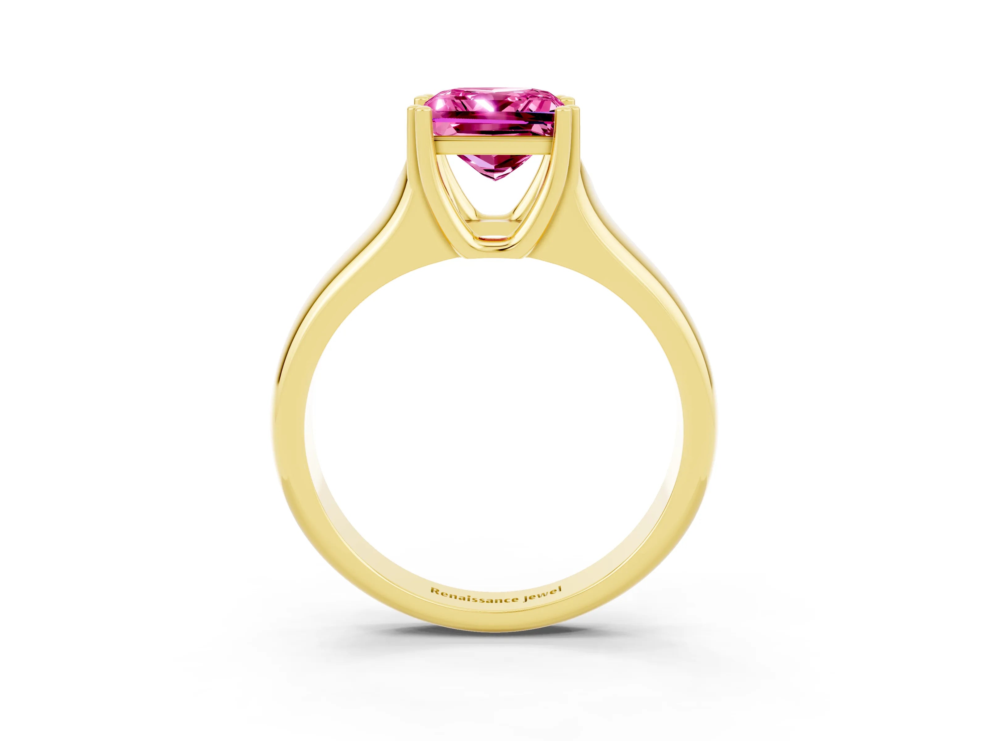 Yellow gold Princess Cut Pink Sapphire Solitaire Ring with Wide Band and Prong Setting_27