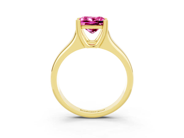 Yellow gold Princess Cut Pink Sapphire Solitaire Ring with Wide Band and Prong Setting