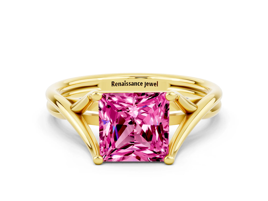 Yellow gold Princess Cut Pink Sapphire Solitaire Twist Band Prong Setting Ring_72