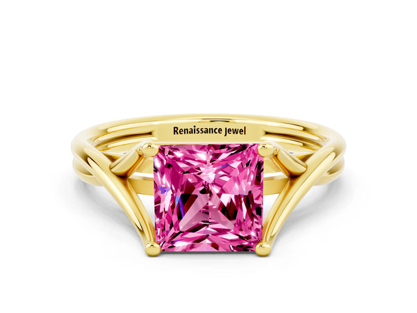 Yellow gold Princess Cut Pink Sapphire Solitaire Twist Band Prong Setting Ring