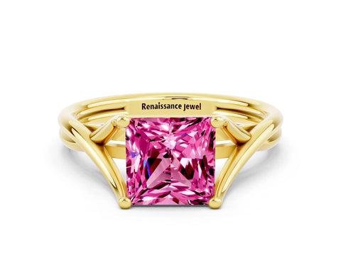 Yellow gold Princess Cut Pink Sapphire Solitaire Twist Band Prong Setting Ring_72
