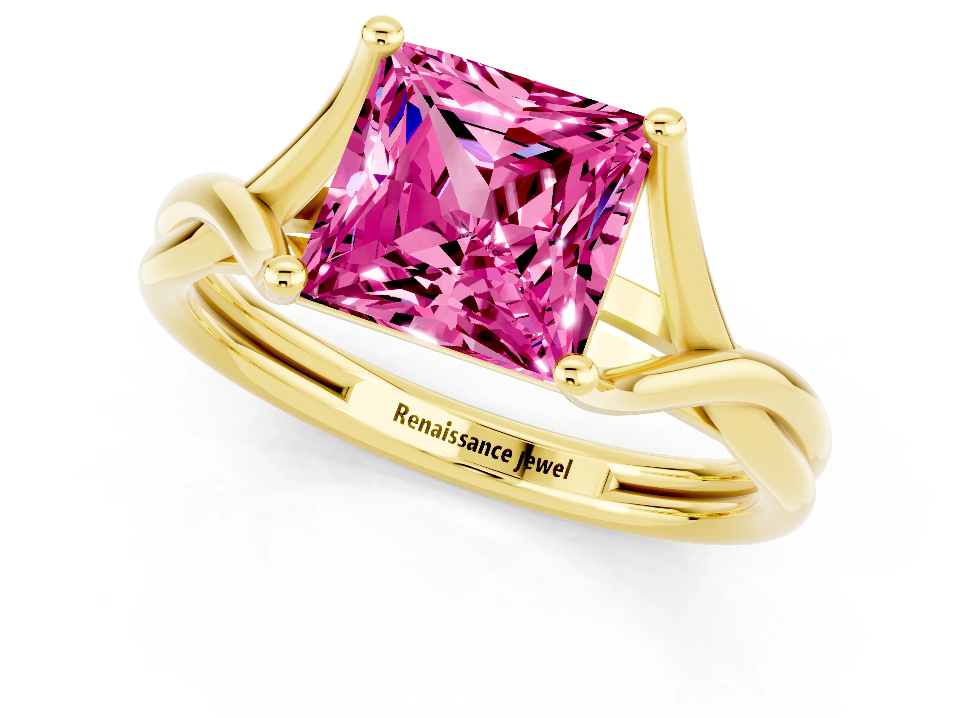 Yellow gold Princess Cut Pink Sapphire Solitaire Twist Band Prong Setting Ring_73