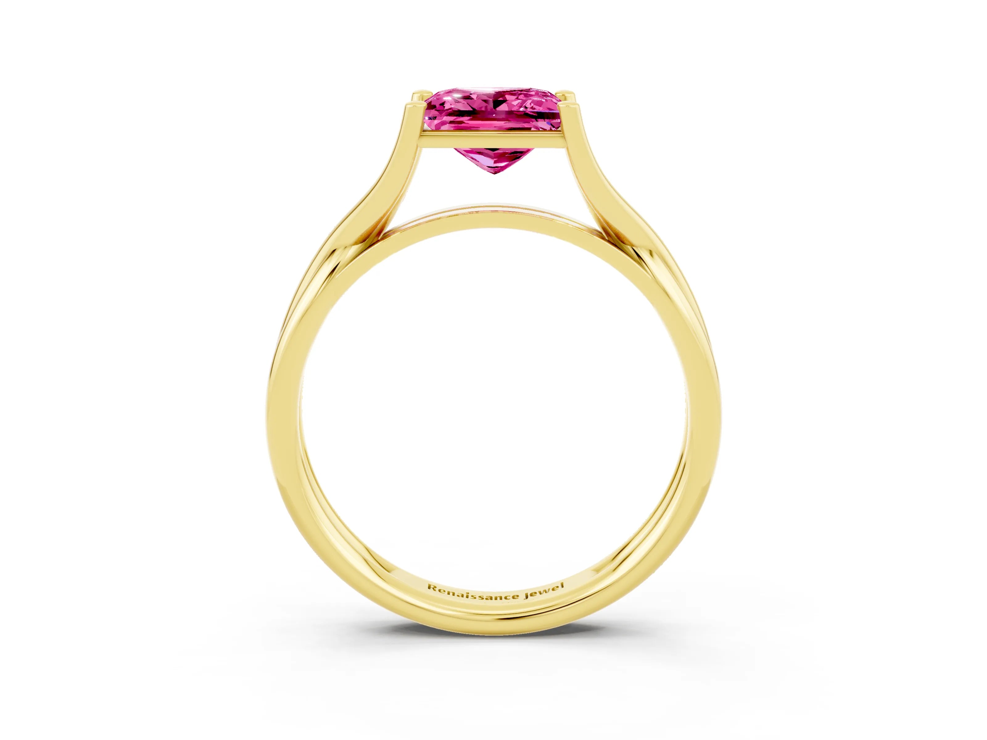 Yellow gold Princess Cut Pink Sapphire Solitaire Twist Band Prong Setting Ring_75