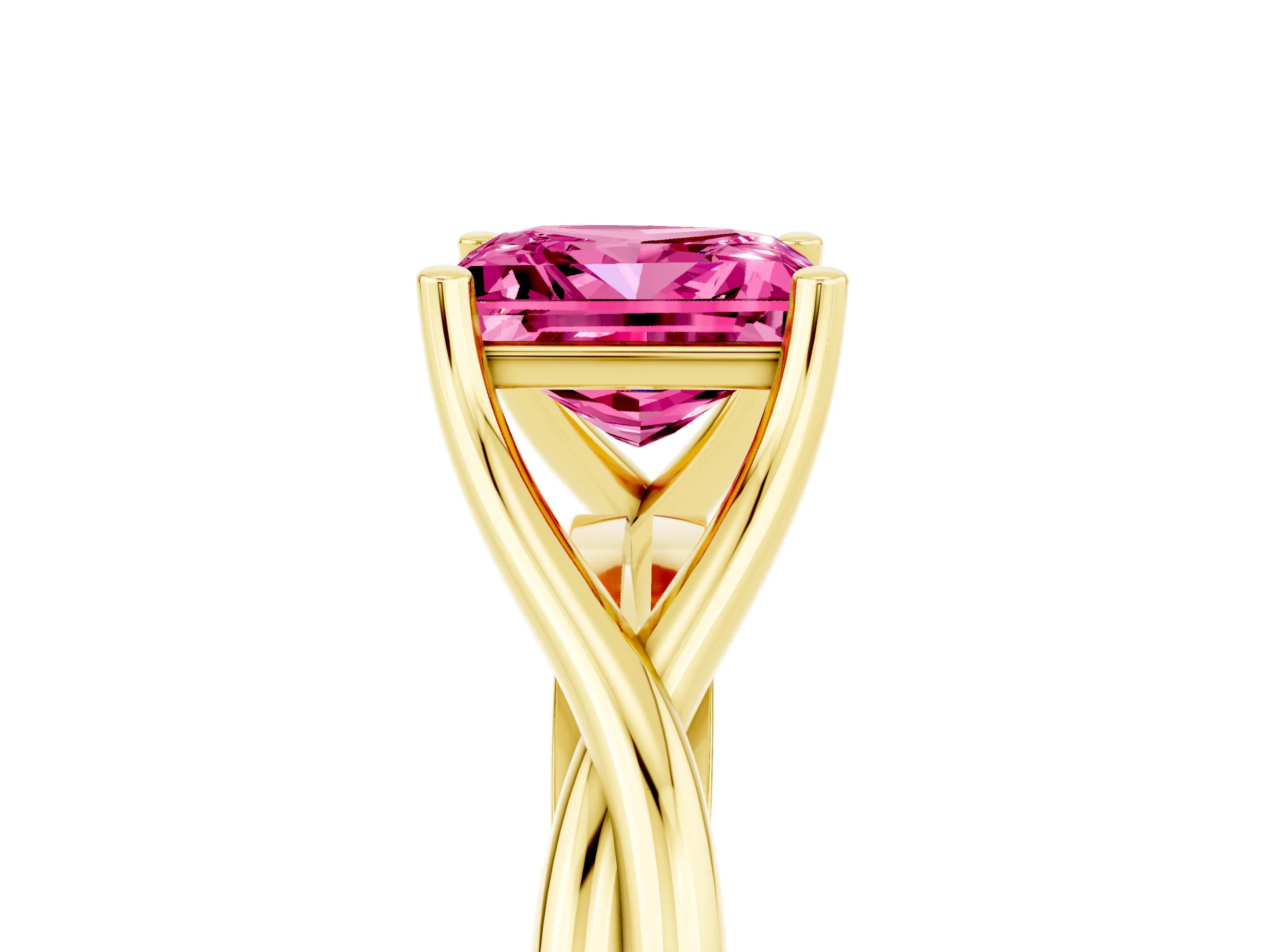Yellow gold Princess Cut Pink Sapphire Solitaire Twist Band Prong Setting Ring_77