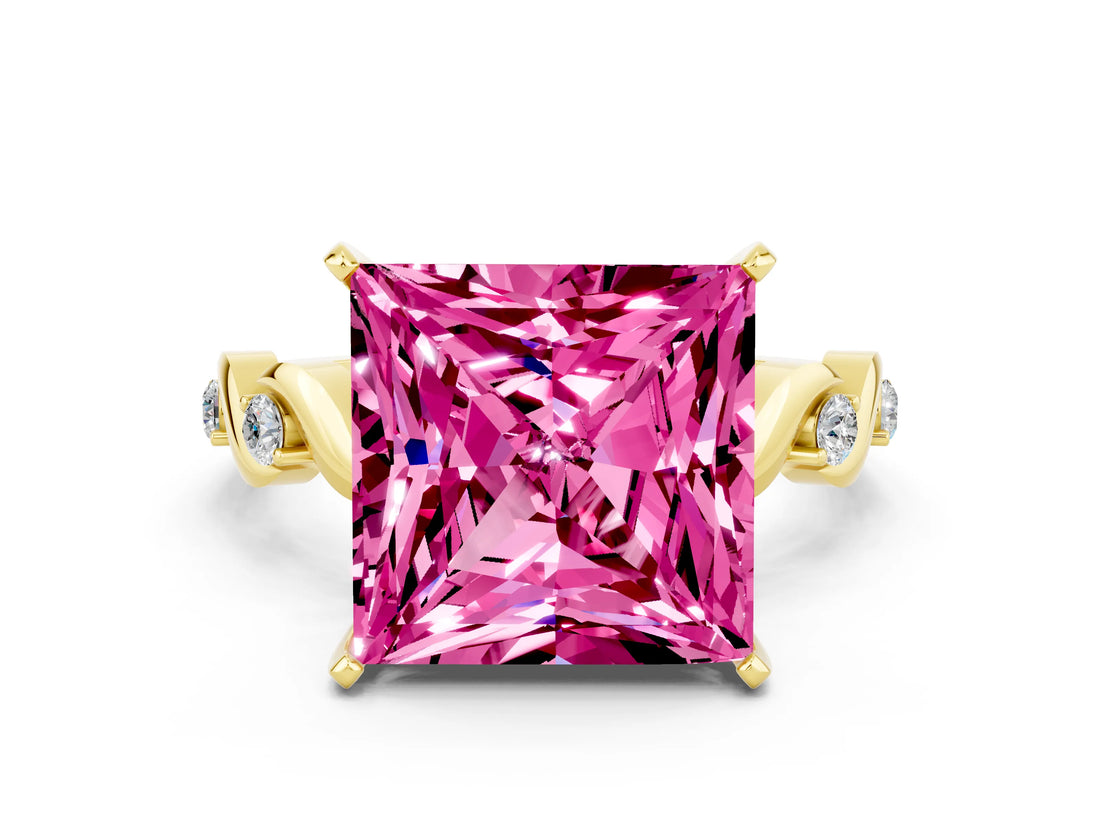 Yellow gold Princess Cut Pink Sapphire Solitaire Twisted Band with Round  Accents and Prong Setting_12