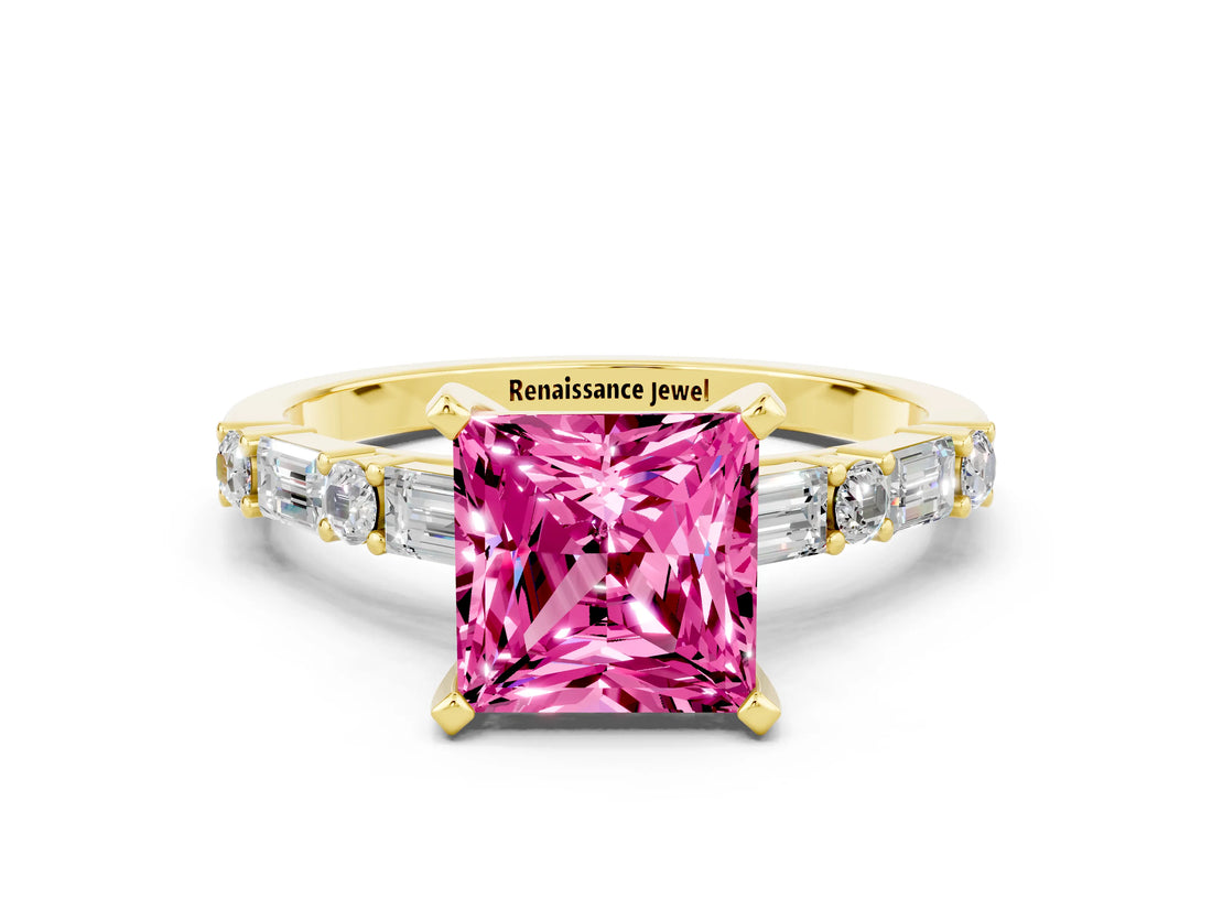 Yellow gold Princess Cut Pink Sapphire Solitaire with Side Baguettes and Channel Set Band_24
