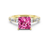 Yellow gold Princess Cut Pink Sapphire Solitaire with Side Baguettes and Channel Set Band_24
