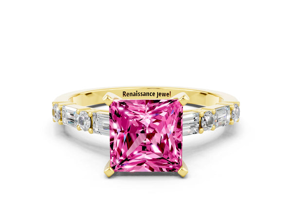 Yellow gold Princess Cut Pink Sapphire Solitaire with Side Baguettes and Channel Set Band