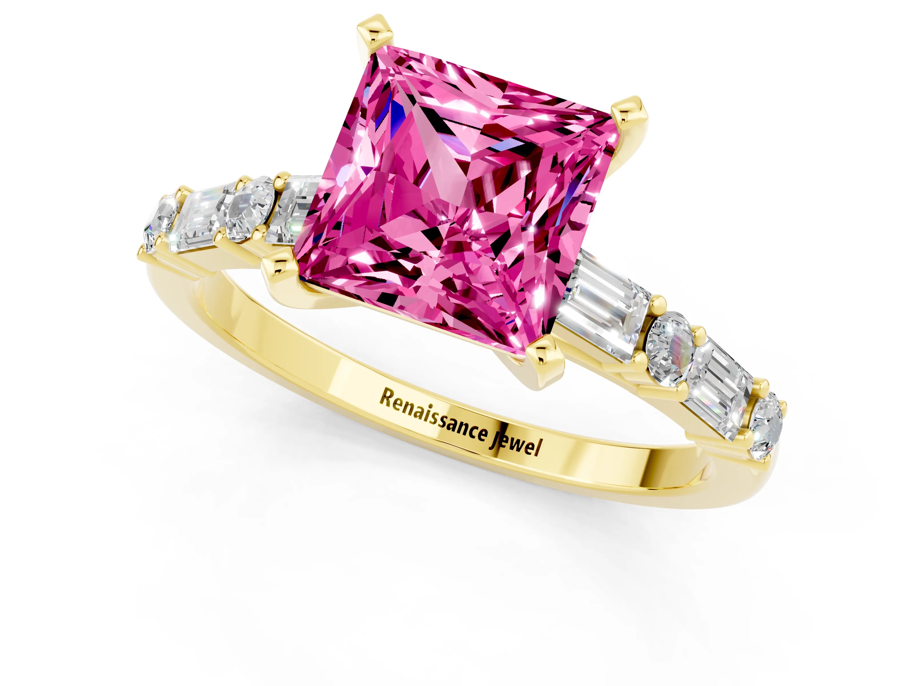 Yellow gold Princess Cut Pink Sapphire Solitaire with Side Baguettes and Channel Set Band_25