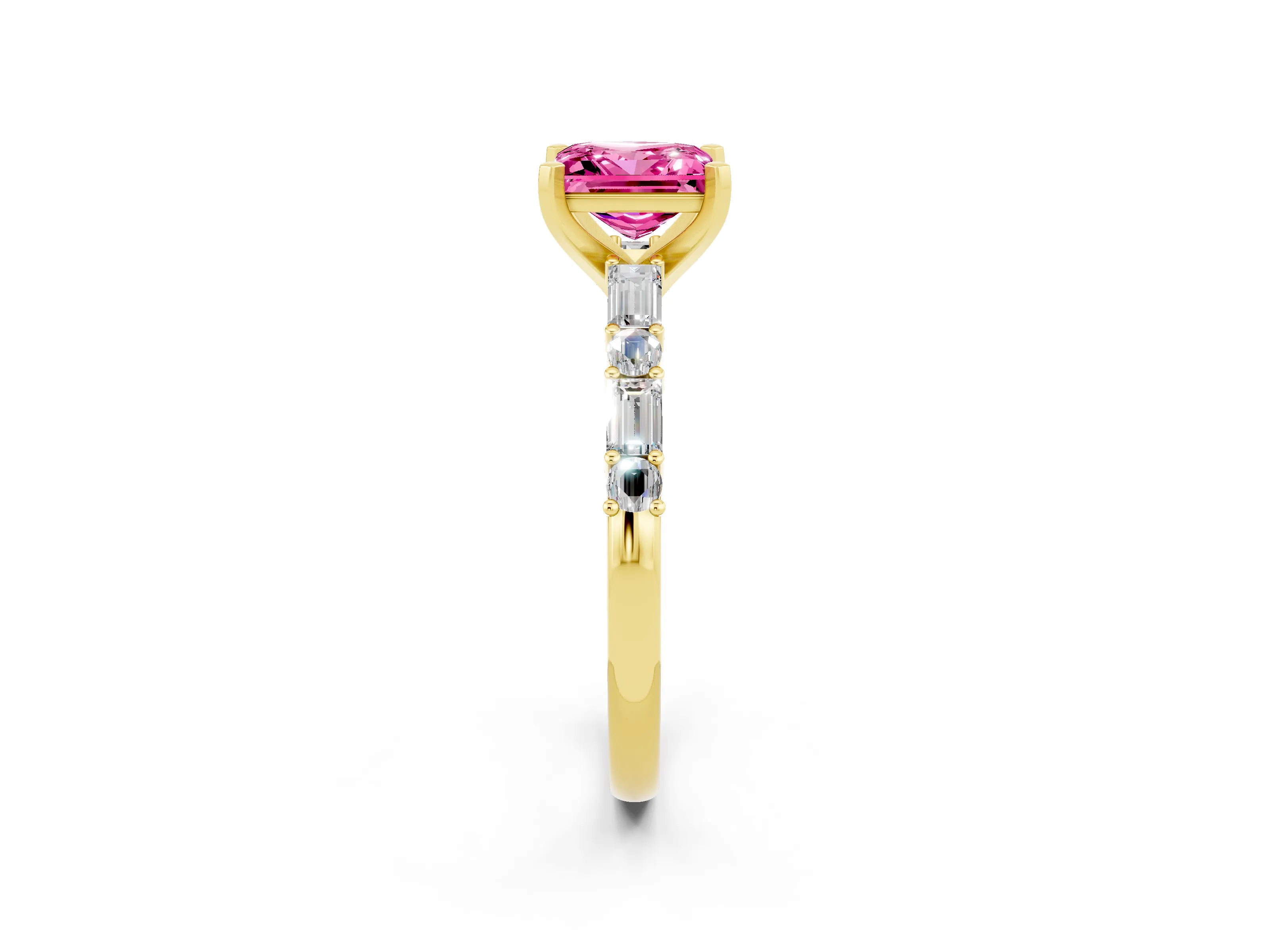 Yellow gold Princess Cut Pink Sapphire Solitaire with Side Baguettes and Channel Set Band_26