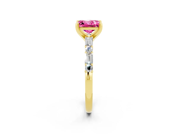 Yellow gold Princess Cut Pink Sapphire Solitaire with Side Baguettes and Channel Set Band