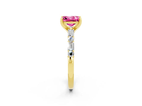 Yellow gold Princess Cut Pink Sapphire Solitaire with Side Baguettes and Channel Set Band_26