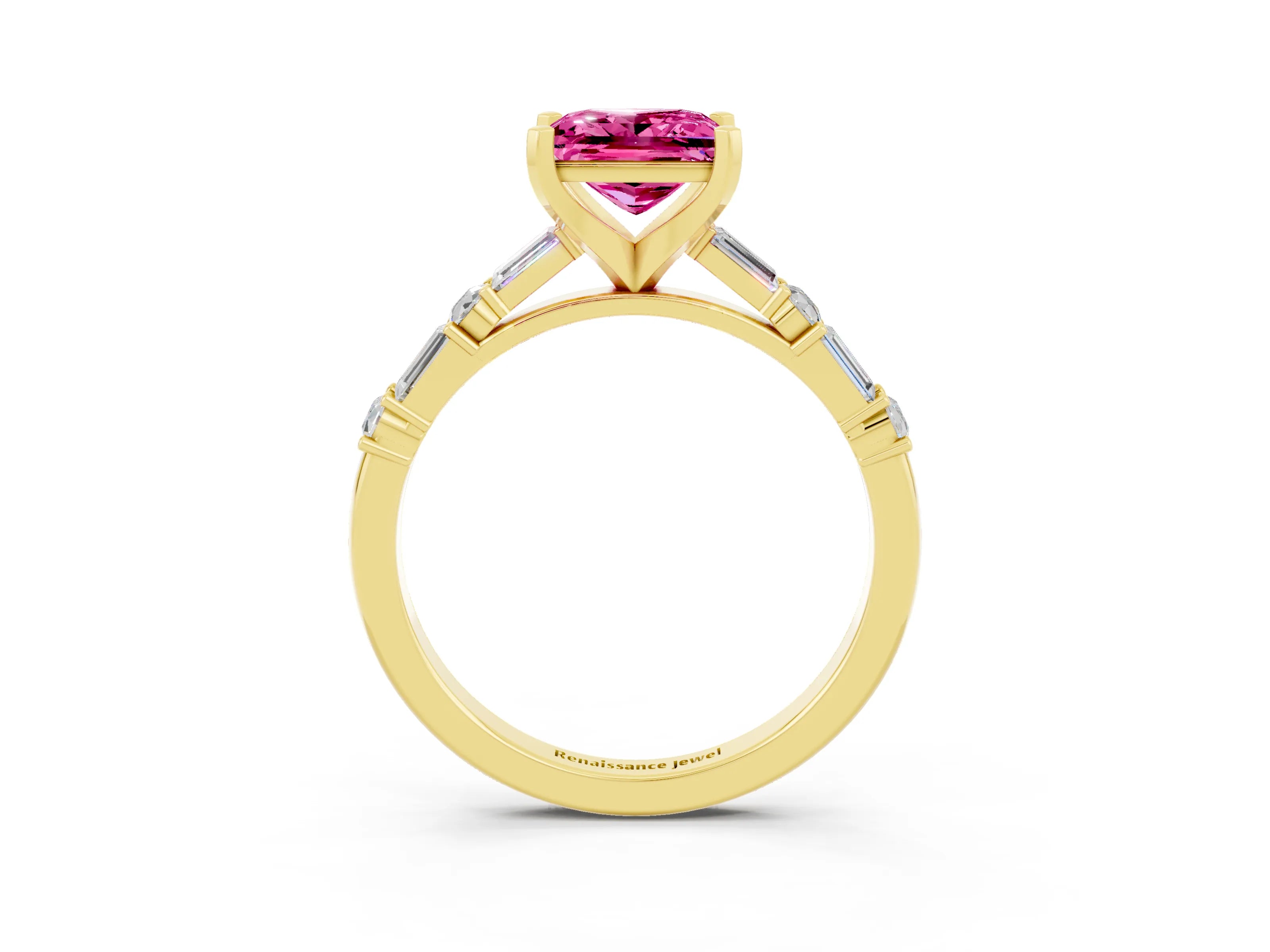 Yellow gold Princess Cut Pink Sapphire Solitaire with Side Baguettes and Channel Set Band_27