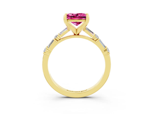 Yellow gold Princess Cut Pink Sapphire Solitaire with Side Baguettes and Channel Set Band