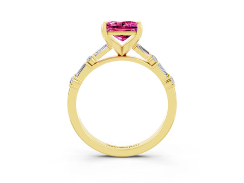 Yellow gold Princess Cut Pink Sapphire Solitaire with Side Baguettes and Channel Set Band_27