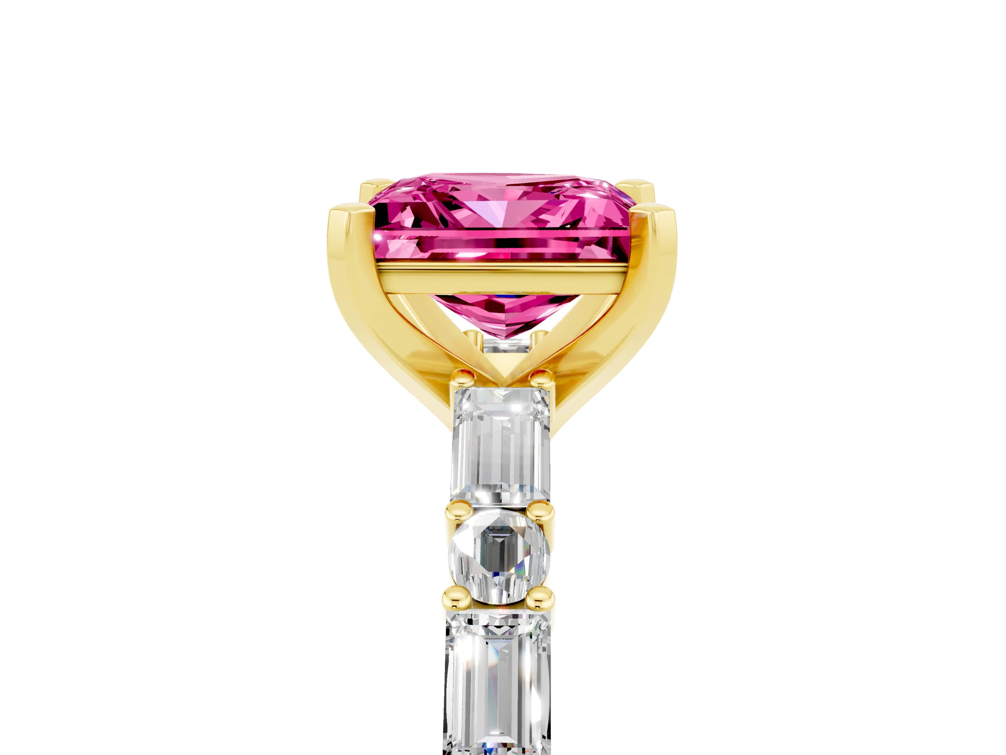 Yellow gold Princess Cut Pink Sapphire Solitaire with Side Baguettes and Channel Set Band_29