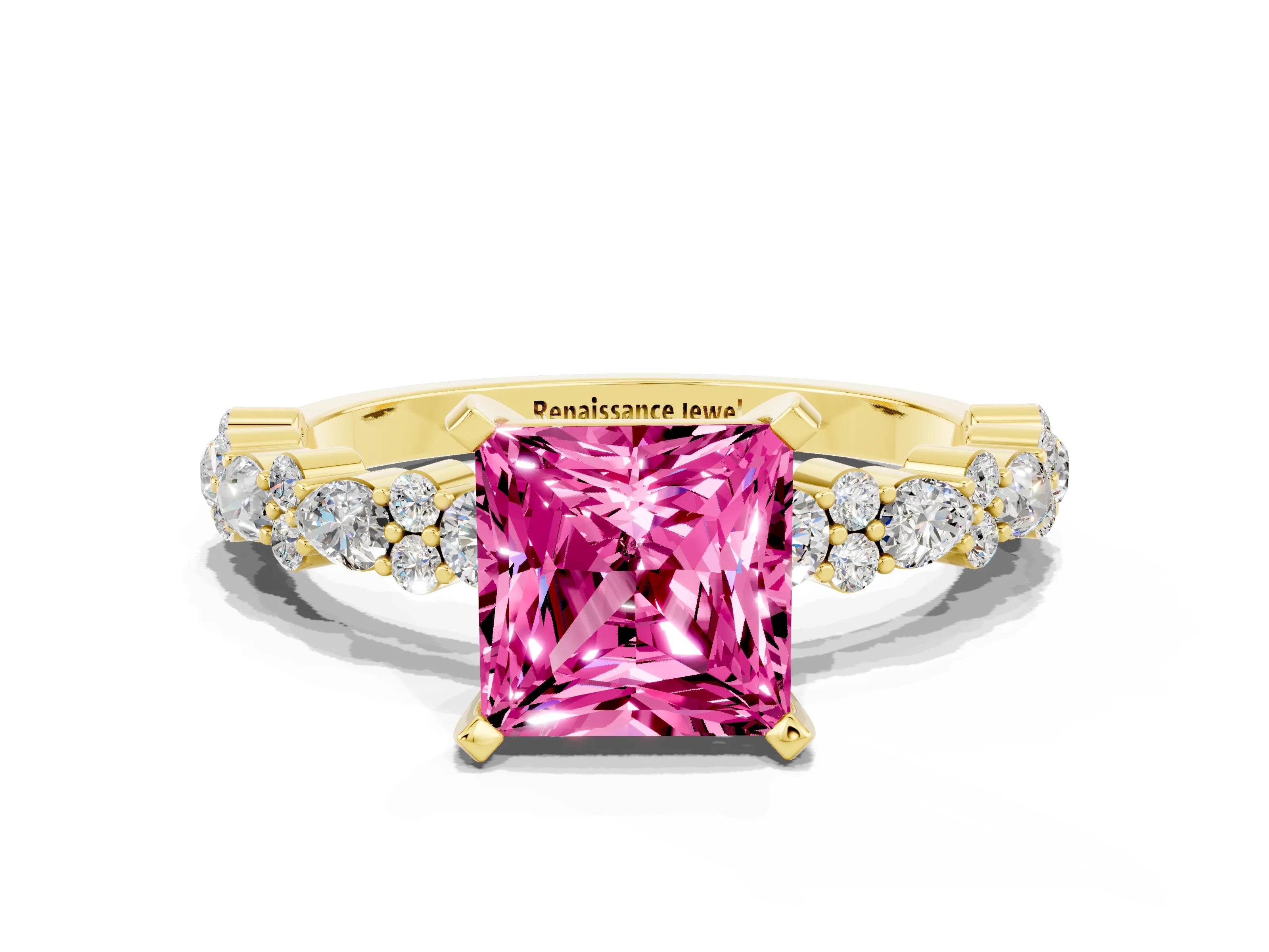 Yellow gold Princess Cut Pink Sapphire Solitaire with Side Stones, Pave Band, Four-Prong Setting_60