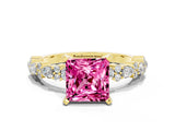 Yellow gold Princess Cut Pink Sapphire Solitaire with Side Stones, Pave Band, Four-Prong Setting_60