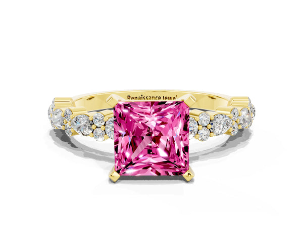 Yellow gold Princess Cut Pink Sapphire Side Stone Solitaire Ring with Round  and Four-Prong Setting