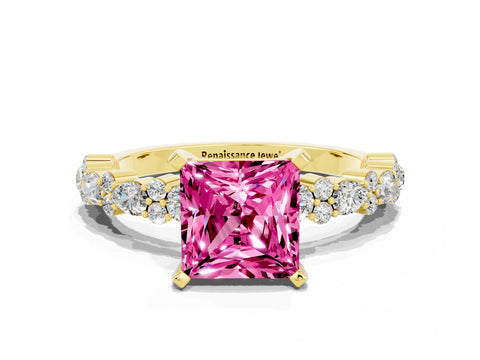 Yellow gold Princess Cut Pink Sapphire Solitaire with Side Stones, Pave Band, Four-Prong Setting_60