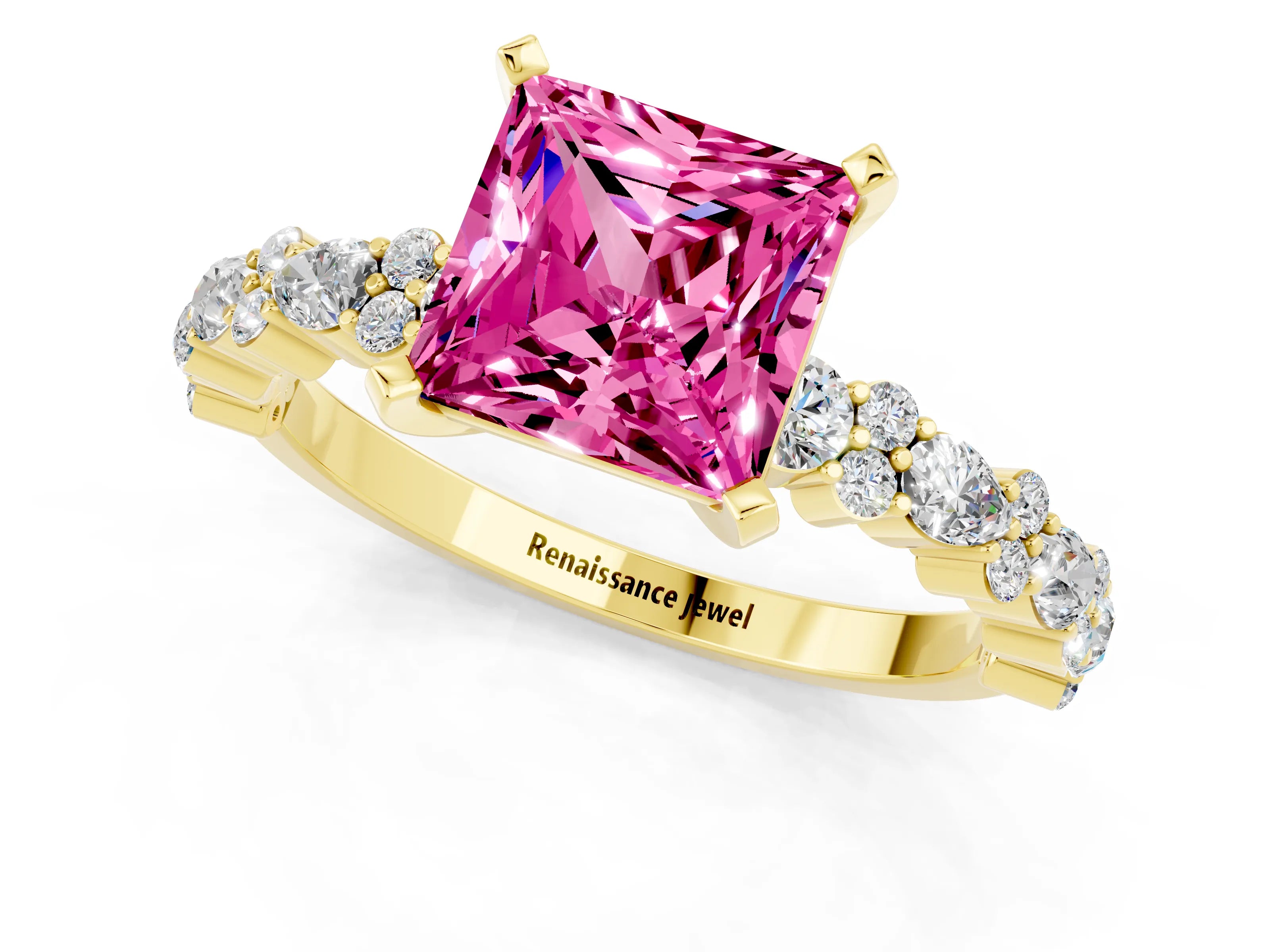 Yellow gold Princess Cut Pink Sapphire Solitaire with Side Stones, Pave Band, Four-Prong Setting_61