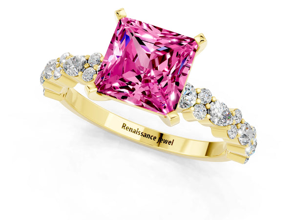 Yellow gold Princess Cut Pink Sapphire Side Stone Solitaire Ring with Round  and Four-Prong Setting