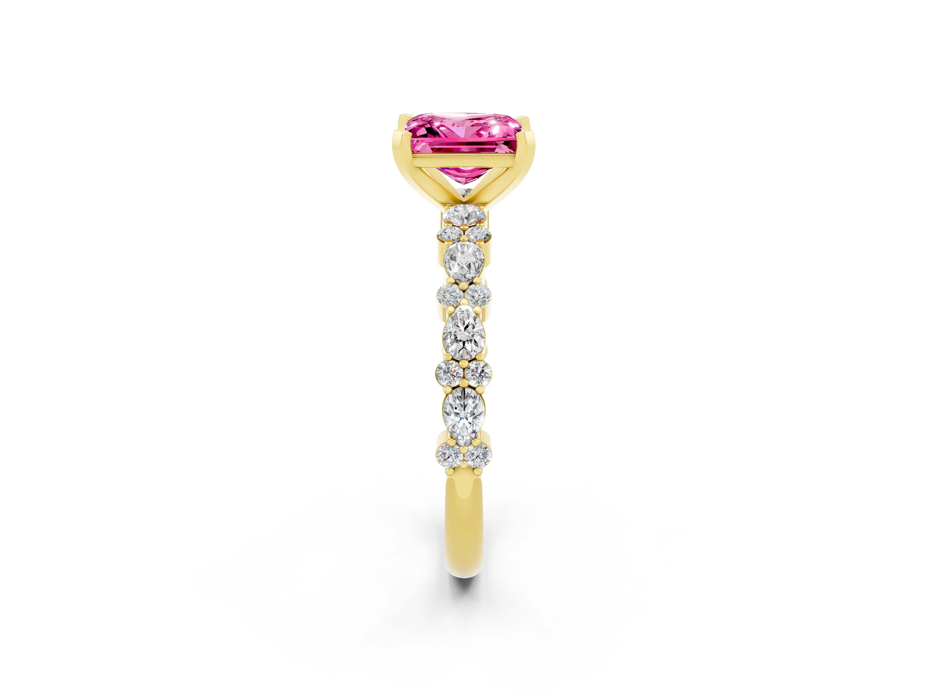Yellow gold Princess Cut Pink Sapphire Solitaire with Side Stones, Pave Band, Four-Prong Setting_62