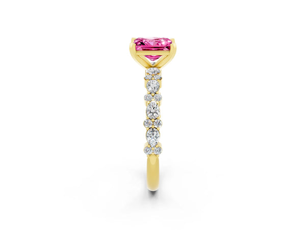 Yellow gold Princess Cut Pink Sapphire Side Stone Solitaire Ring with Round  and Four-Prong Setting