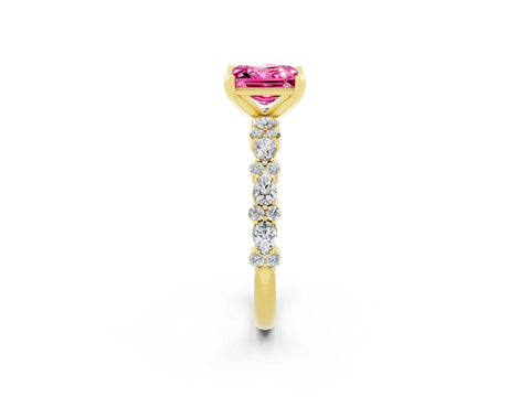 Yellow gold Princess Cut Pink Sapphire Solitaire with Side Stones, Pave Band, Four-Prong Setting_62