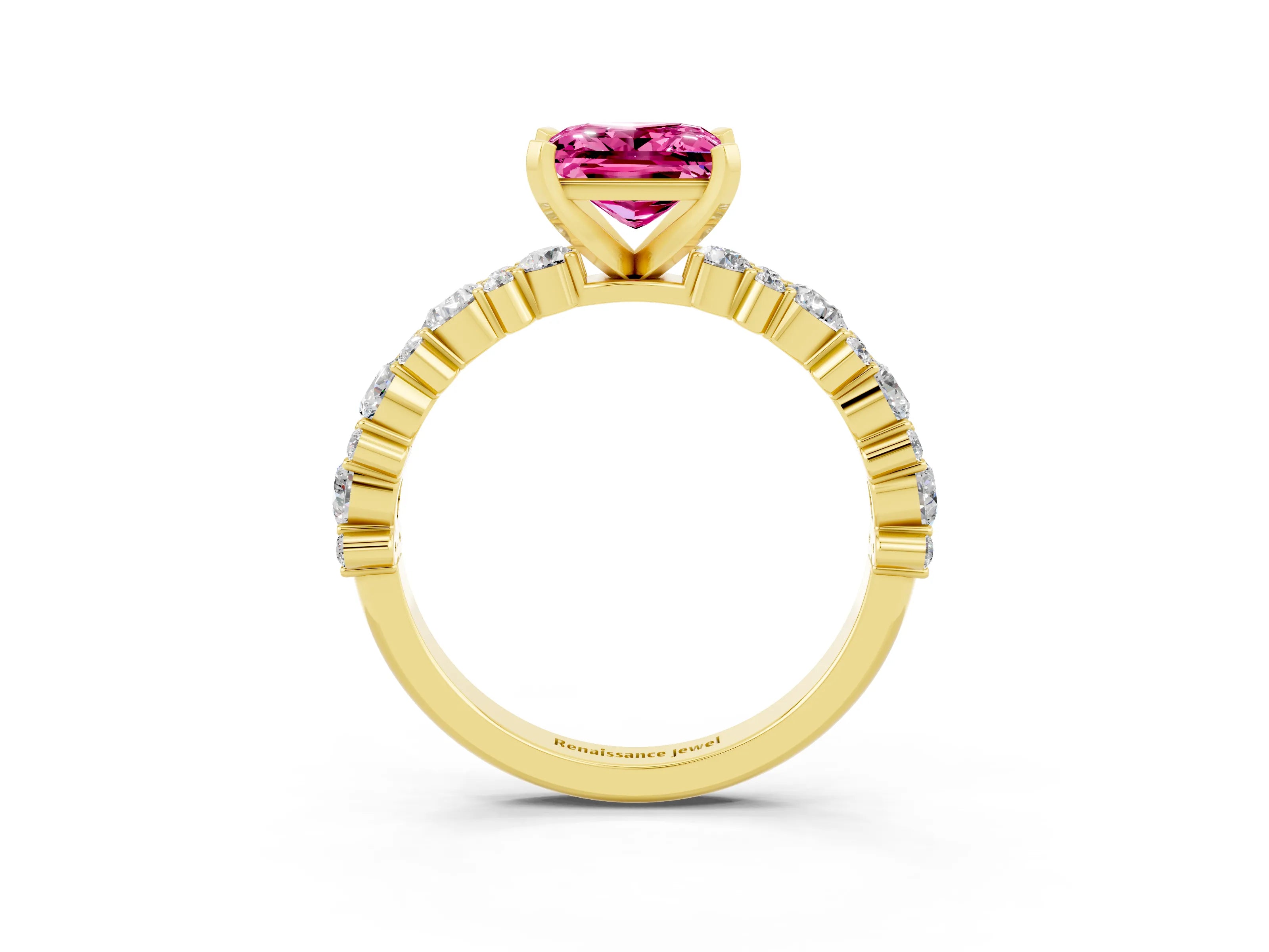 Yellow gold Princess Cut Pink Sapphire Solitaire with Side Stones, Pave Band, Four-Prong Setting_63