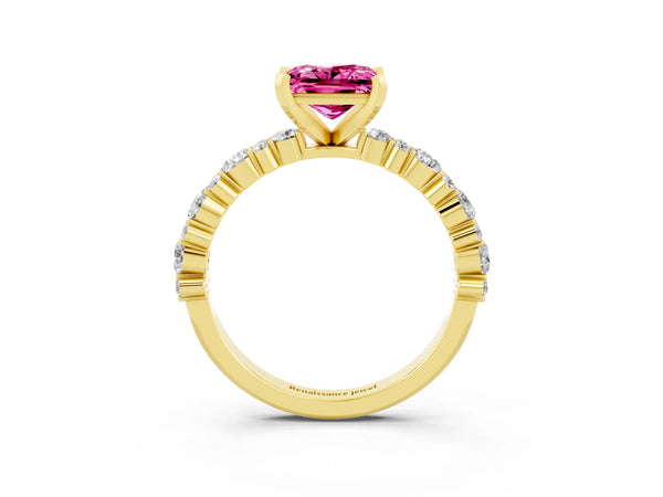 Yellow gold Princess Cut Pink Sapphire Side Stone Solitaire Ring with Round  and Four-Prong Setting