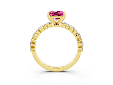 Yellow gold Princess Cut Pink Sapphire Solitaire with Side Stones, Pave Band, Four-Prong Setting_63