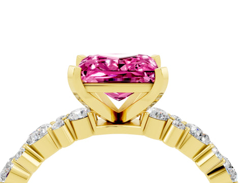 Yellow gold Princess Cut Pink Sapphire Solitaire with Side Stones, Pave Band, Four-Prong Setting_64