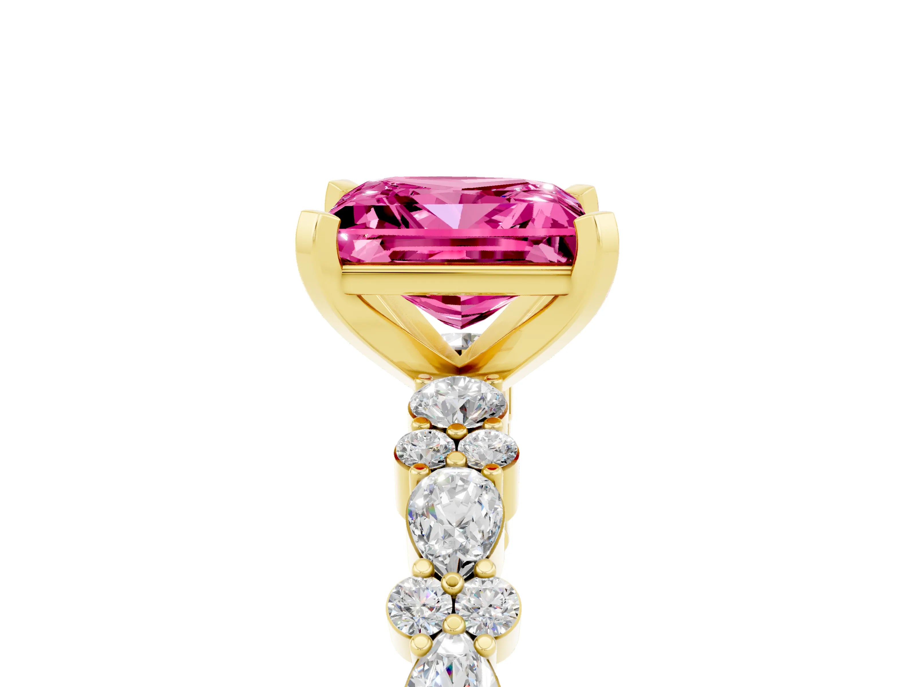 Yellow gold Princess Cut Pink Sapphire Solitaire with Side Stones, Pave Band, Four-Prong Setting_65